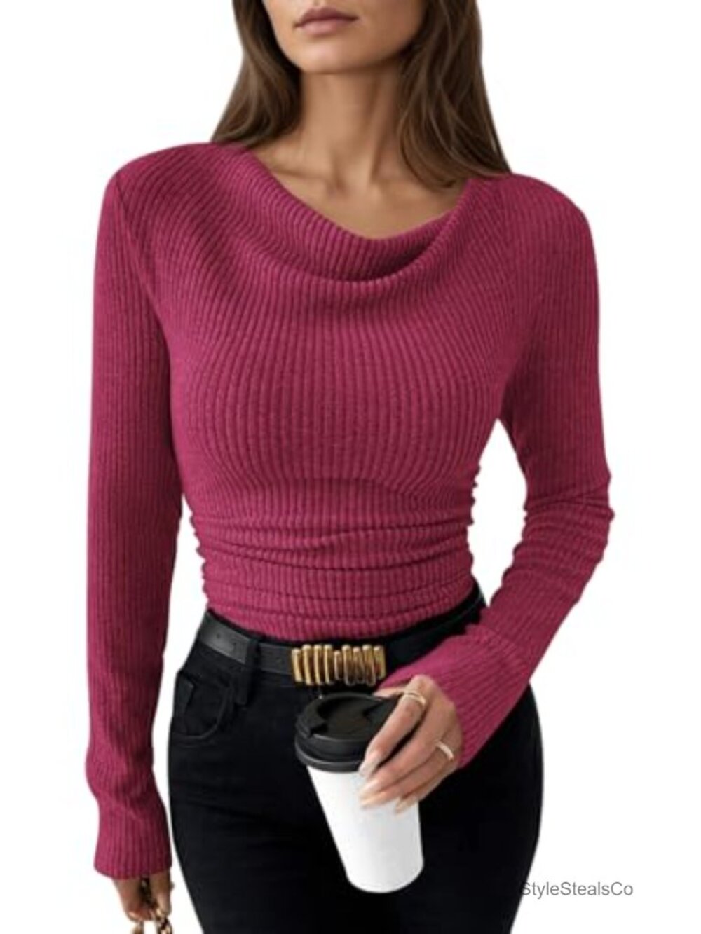 Long Sleeve Cowl Neck Ruched Top Slim Fit Blouse
